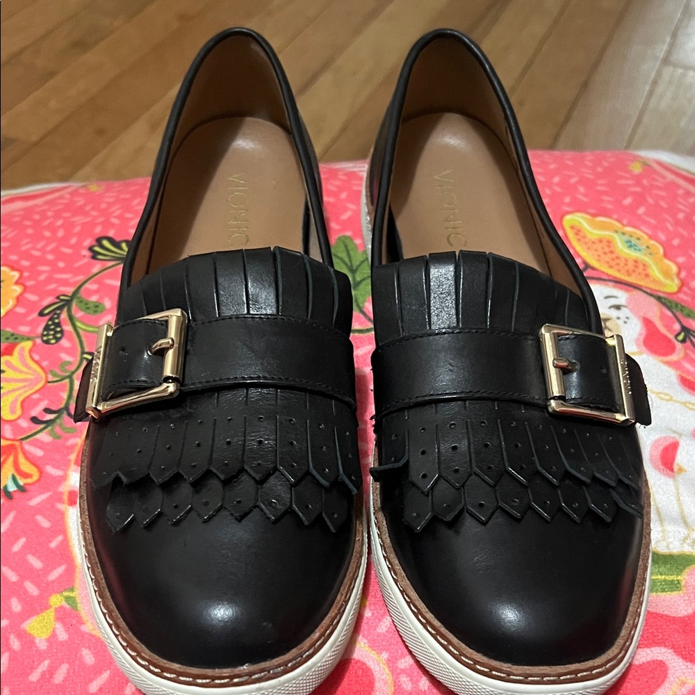 Vionic Black Leather Loafers with Gold Accent
